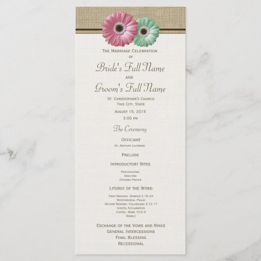 Roze en groene Gerbera Daisy Wedding Program Programmakaart (Voorkant)