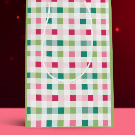 Roze en groene geruite kerst medium cadeauzakje