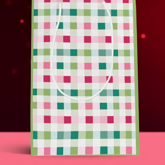 Roze en groene geruite kerst medium cadeauzakje