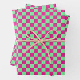 Roze en groene geruite print inpakpapier vel