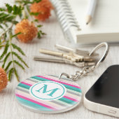 Roze en groene gestreept monogrammen sleutelhanger (Voorkant Rechts)