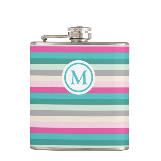 Roze en groene gestreepte monogram heupfles (Voorkant)