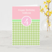 Roze en Groene Gingham 4e Birthday Kaart (Gele Bloem)