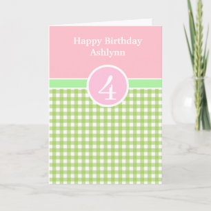 Roze en Groene Gingham 4e Birthday Kaart