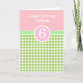 Roze en Groene Gingham 6th Birthday Kaart (Voorkant)