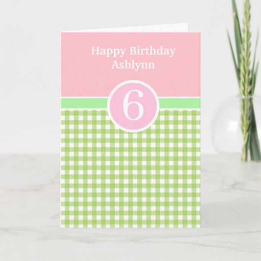 Roze en Groene Gingham 6th Birthday Kaart (Voorkant)