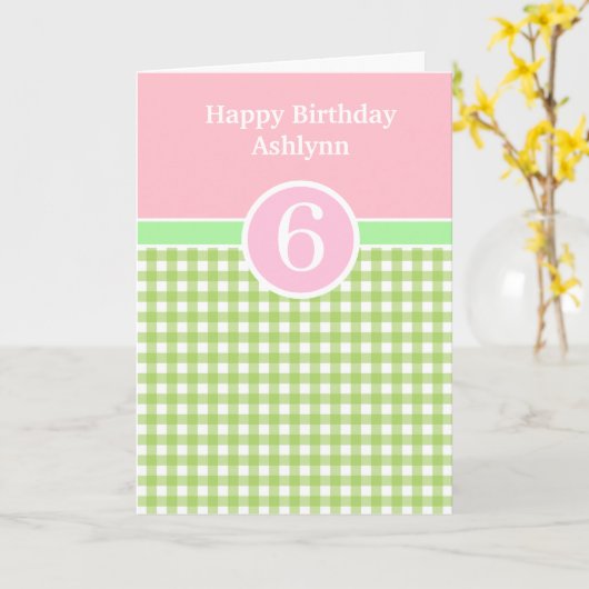 Roze en Groene Gingham 6th Birthday Kaart (Gele Bloem)