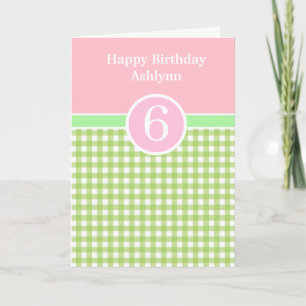 Roze en Groene Gingham 6th Birthday Kaart