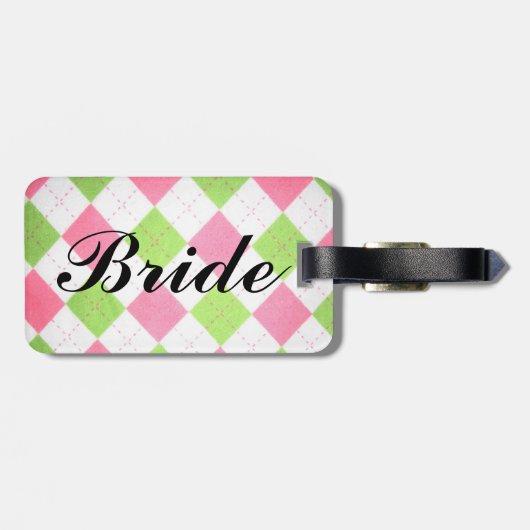 roze en groene gingham "Bride"-bagagelabel Bagagelabel (Achterkant horizontaal)