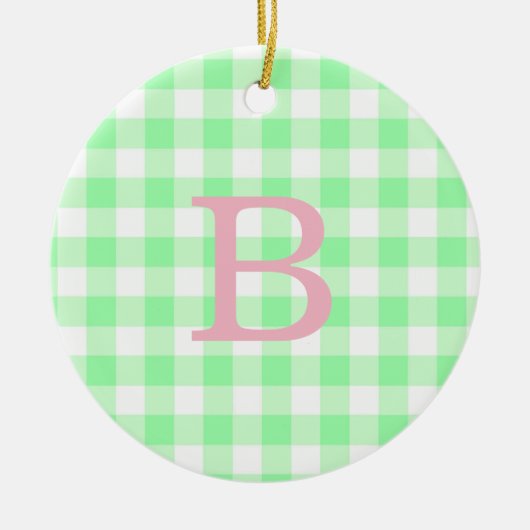 Roze en groene Gingham monogram Keramisch Ornament (Voorkant)
