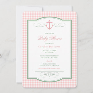 Roze en groene Gingham Preppy Kust Baby Shower Kaart