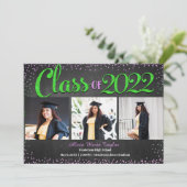 Roze en groene glitters foto afstudeer uitnodiging (Staand voorkant)