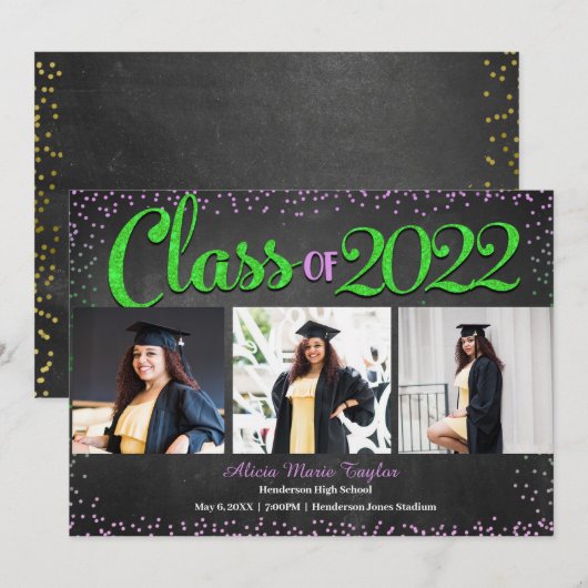 Roze en groene glitters foto afstudeer uitnodiging (Voorkant / Achterkant)