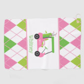 Roze en groene Golf Cart Monogram Golfhanddoek (Horizontaal)