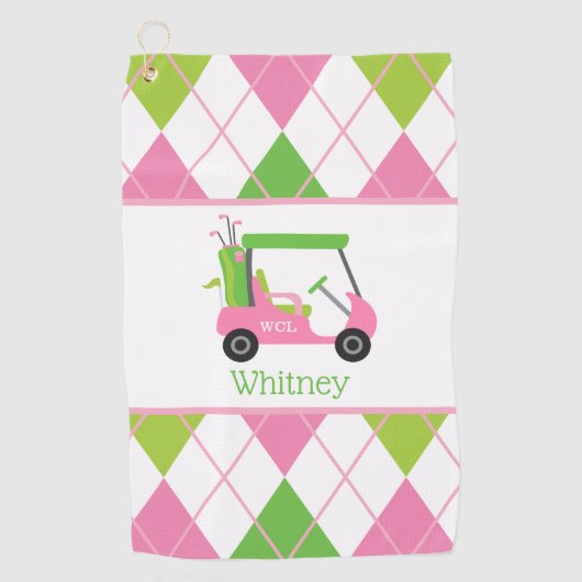 Roze en groene Golf Cart Monogram Golfhanddoek (Voorkant)