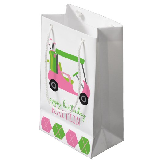 Roze en Groene Golf Cart persoonlijke cadeautas (Voorkant Gekanteld)