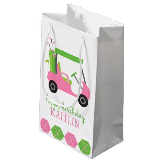 Roze en Groene Golf Cart persoonlijke cadeautas (Achterkant Gekanteld)