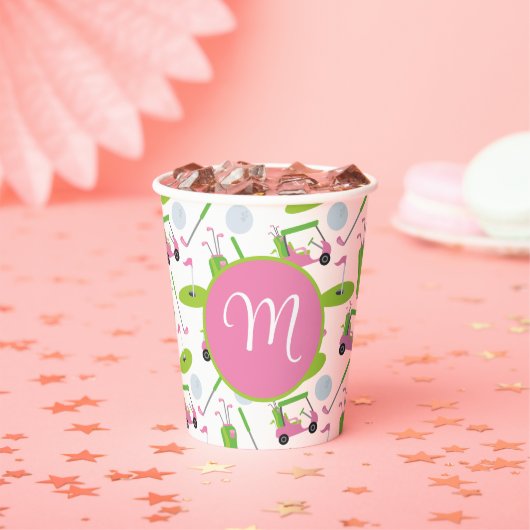 Roze en Groene Golf gepersonaliseerde Monogrammen Papieren Bekers (Insitu)