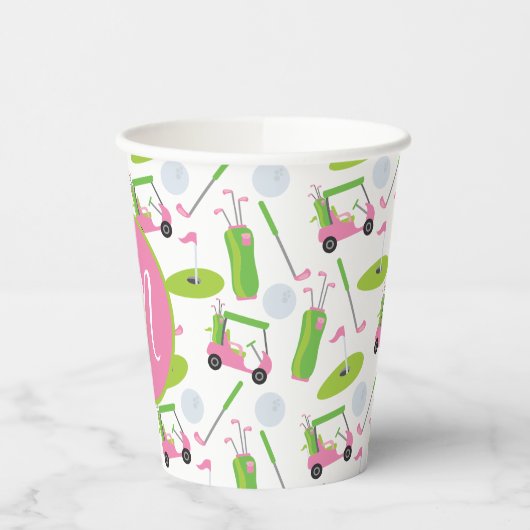 Roze en Groene Golf gepersonaliseerde Monogrammen Papieren Bekers (Links)