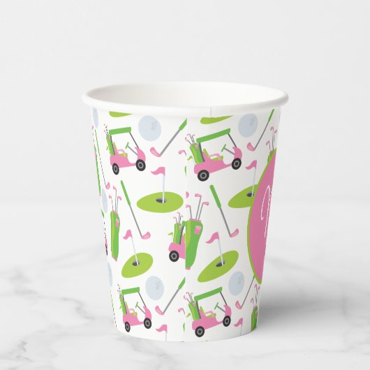 Roze en Groene Golf gepersonaliseerde Monogrammen Papieren Bekers (Rechts)