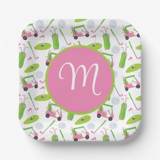 Roze en Groene Golf gepersonaliseerde Monogrammen Papieren Bordje (Voorkant)