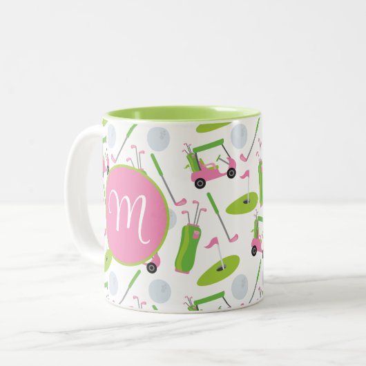 Roze en Groene Golf gepersonaliseerde Monogrammen Tweekleurige Koffiemok (Voorkant links)