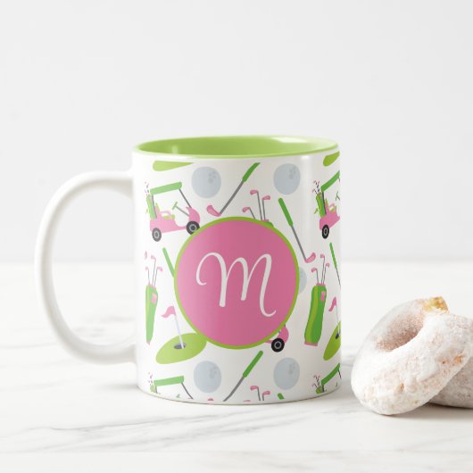 Roze en Groene Golf gepersonaliseerde Monogrammen Tweekleurige Koffiemok (Met donut)