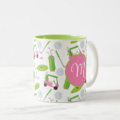 Roze en Groene Golf gepersonaliseerde Monogrammen Tweekleurige Koffiemok (Voorkant rechts)