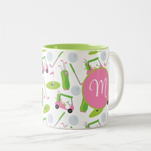 Roze en Groene Golf gepersonaliseerde Monogrammen Tweekleurige Koffiemok (Voorkant rechts)
