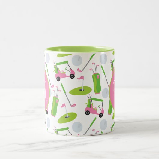 Roze en Groene Golf gepersonaliseerde Monogrammen Tweekleurige Koffiemok (Center)