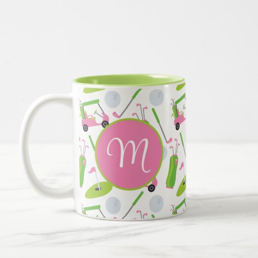 Roze en Groene Golf gepersonaliseerde Monogrammen Tweekleurige Koffiemok (Links)