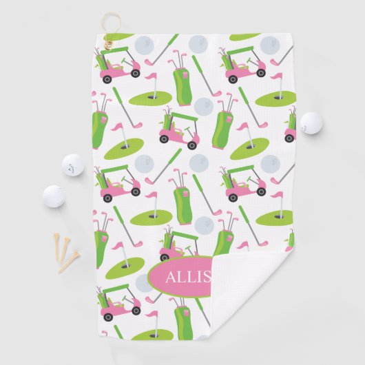 Roze en Groene Golf, speciaal gepersonaliseerd Golfhanddoek (Insitu)