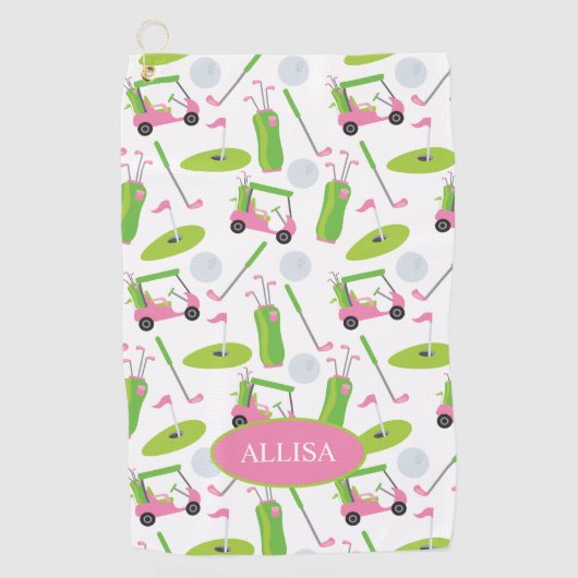 Roze en Groene Golf, speciaal gepersonaliseerd Golfhanddoek (Voorkant)