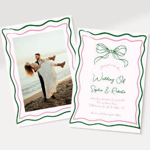 Roze en Groene Hand Getrokken Retro Bow Franse bru Kaart