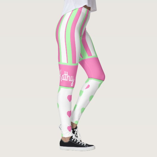 Roze en groene harten en stripes Leggings (Rechts)