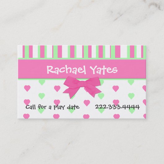 Roze en groene harten en strippes Play Date Card Contactkaartje (Voorkant)