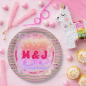 Roze en groene harten Patroon en Initialen Papieren Bordje (Feest)