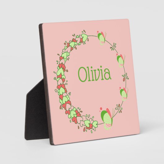 Roze en groene harten & vlinderkrans tafelstuk  fotoplaat (Voorkant)