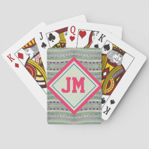 Roze en groene hartenpatroon en uw initialen pokerkaarten