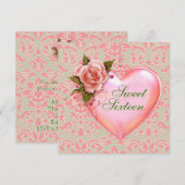Roze en Groene Heart Sweet 16 Birthday Party Kaart (Voorkant / Achterkant)