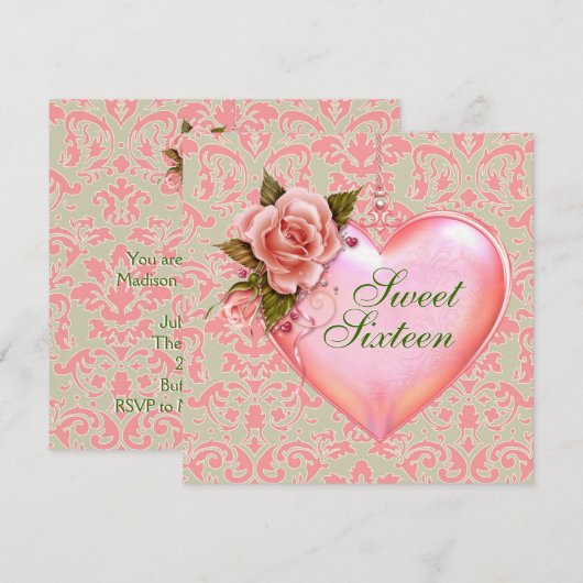 Roze en Groene Heart Sweet 16 Birthday Party Kaart (Voorkant / Achterkant)
