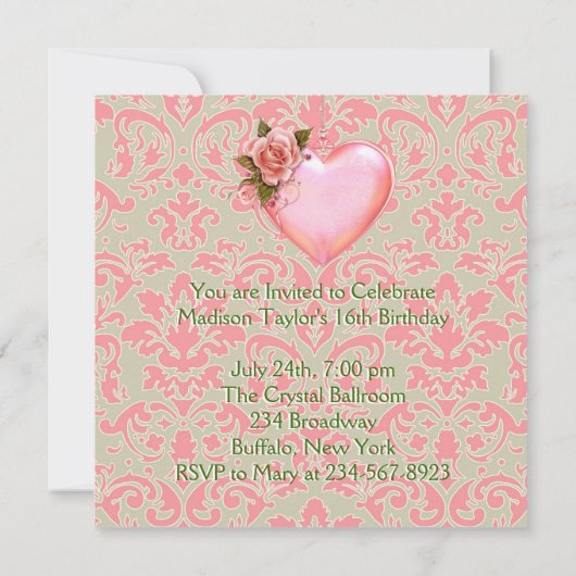 Roze en Groene Heart Sweet 16 Birthday Party Kaart (Achterkant)