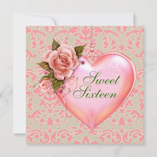Roze en Groene Heart Sweet 16 Birthday Party Kaart (Voorkant)