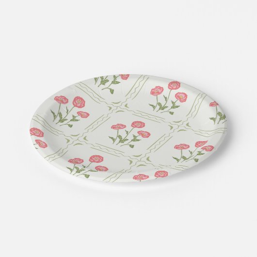 Roze en groene heldere papaver bloemen papieren bordje (Gekanteld)