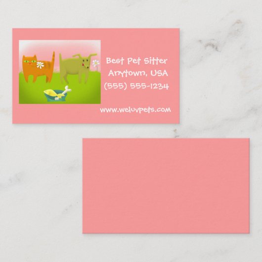 Roze en Groene Hond en Kat Huisdier Zittend Visitekaartje (Voorkant / Achterkant)