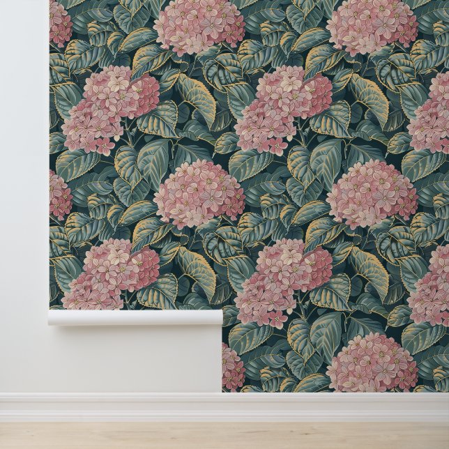 Roze en Groene Hydrangea Wallpaper Behang (Applicatie)