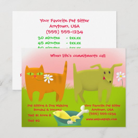 Roze en Groene Kat en Hond Huisdier Zittend Briefkaart (Voorkant / Achterkant)