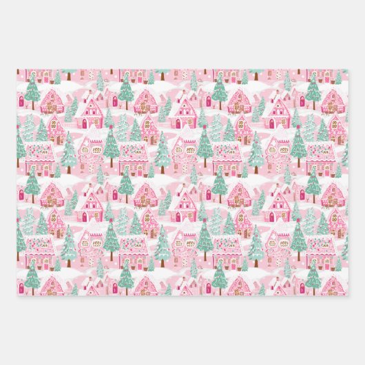 Roze en Groene Kerst Gingerbread Huizen Inpakpapier Vel (Voorkant 3)