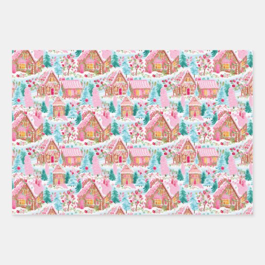 Roze en Groene Kerst Gingerbread Huizen Inpakpapier Vel (Voorkant 2)