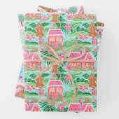 Roze en Groene Kerst Gingerbread Huizen Inpakpapier Vel (In situ)